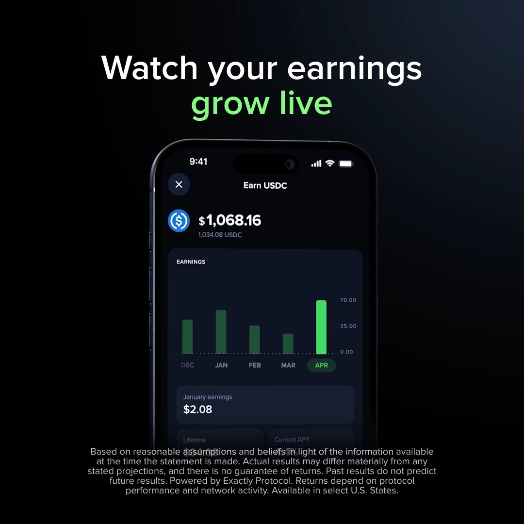 A smartphone displaying the "Earn USDC" screen shows a balance of $1,068.16 (1,034.08 USDC) with a monthly earnings bar chart highlighting April's spike at 70.00 and January earnings of $2.08. Bold text above reads "Watch your earnings grow live," reinforcing the post's message about turning USDC into a yield-generating asset with live balance tracking.