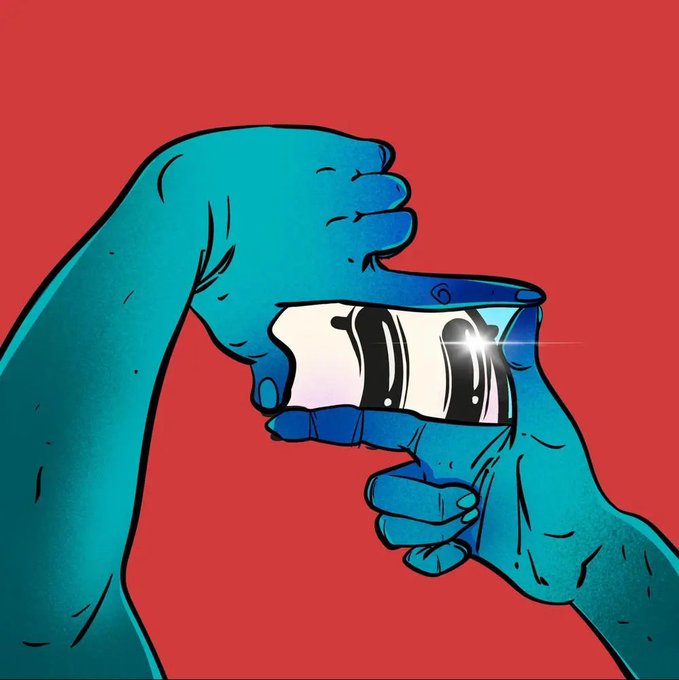 An illustration shows two blue arms against a red background, with one hand squeezing a blue tube to dispense white cream with black eyes, creating a sun-shaped figure.