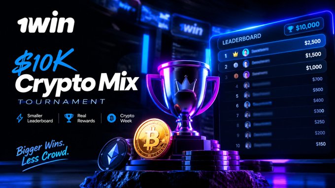The image promotes the "1win $10K Crypto Mix Tournament," featuring a leaderboard with payouts ranging from $150 (10th place) to $10,000 for the top spot, alongside a glowing trophy and Bitcoin/Ethereum coins—visually reinforcing the post's theme of a smaller, more competitive tournament where players have a real shot at climbing the ranks.