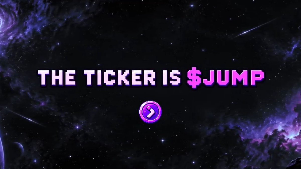 A cosmic-themed graphic with purple and black nebula imagery displays pixel-style text reading 'THE TICKER IS $JUMP' above a purple circular logo with a white arrow.
