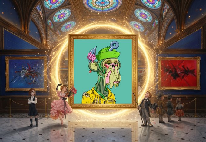 A digital art gallery scene with ornate architecture and stained glass, featuring a glowing golden portal in the center displaying a green zombie-like character NFT, with Pixel Vault-style figures of children in costumes observing the artwork on either side.