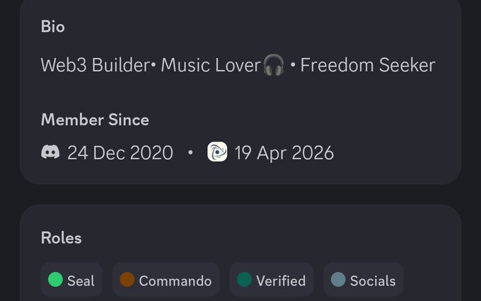 A profile bio section showing 'Web3 Builder • Music Lover 🎧 • Freedom Seeker' with member since dates of 24 Dec 2020 and 19 Apr 2026, and role badges for Seal, Commando, Verified, and Socials.