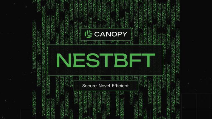 A dark graphic featuring the text 'CANOPY NESTBFT - Secure. Novel. Efficient.' overlaid on a green digital matrix-like background.