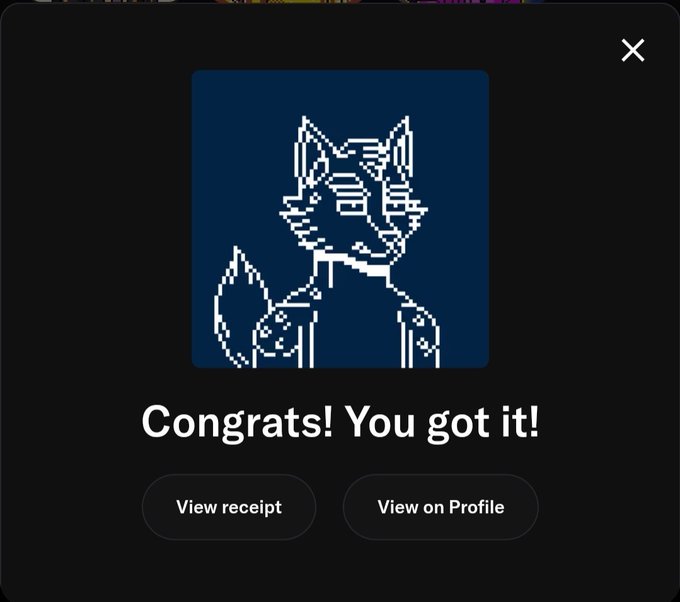 A digital interface showing a pixel-art badge of a wolf-like character on a blue background, with the text 'Congrats! You got it!' and buttons for 'View receipt' and 'View on Profile'.