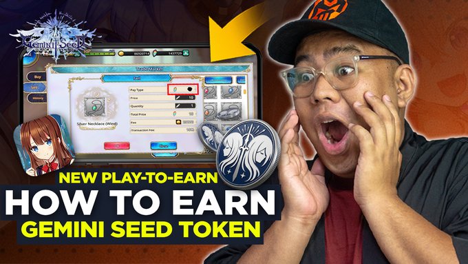 A YouTube thumbnail featuring a shocked man with glasses and a cap, with text reading 'NEW PLAY-TO-EARN HOW TO EARN GEMINI SEED TOKEN' alongside a gameplay screenshot of Identity V.
