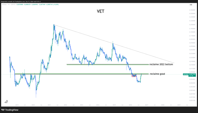 A TradingView chart of the VET (VeChain) cryptocurrency showing a descending trendline from the 2022 bottom, with annotations including "reclame 2022 bottom" and "reclame goed."