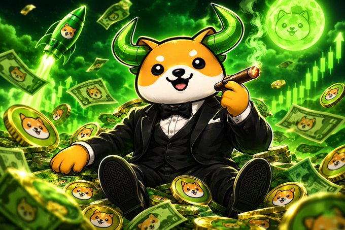 An AI-generated illustration shows a Shiba Inu dog wearing a suit with green bull horns, smoking a cigar while surrounded by gold coins, dollar bills, and rockets against a green background.