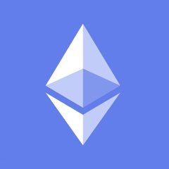 A simple digital icon of the Ethereum cryptocurrency logo, featuring a geometric diamond shape in light blue and white against a solid blue background.