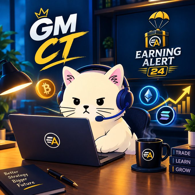 A cartoon cat wearing a headset works on a laptop at a desk, surrounded by crypto symbols and text including 'GM', 'CT', and 'EARNING ALERT 24'.