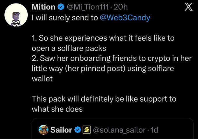 A tweet from user @Mi_Tion111 stating 'I will surely send to @Web3Candy,' listing reasons including experiencing 'solflare packs' and onboarding friends to crypto, shown above a reply from 'Sailor @solana_sailor'.