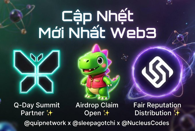 The image features a cartoon green dinosaur wearing a pink shirt, standing against a dark purple background with neon lights. The dinosaur has a smiley face and appears to be happy. Below the dinosaur, there are three logos representing different companies or events related to gaming and technology. These include "Q-Day Summit", "Airdrop Claim", and "Fair Reputation Distribution".