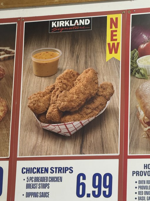 Kirkland Signature advertisement for new Chicken Strips, containing 5 pieces of breaded chicken breast strips with dipping sauce, priced at $6.99.