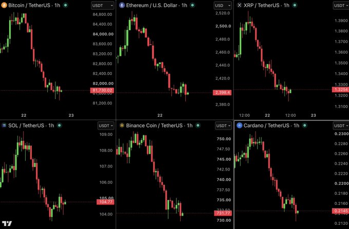 A six-panel TradingView screenshot shows 1-hour declines in Bitcoin/TetherUS (BTC/USDT, $81,739), Ethereum/U.S. Dollar (ETH/USD, $2,398.4), XRP/TetherUS (XRP/USDT, $1.3254), SOL/TetherUS (SOL/USDT, $104.73), Binance Coin/TetherUS (BNB/USDT, $733.22), and Cardano/TetherUS (ADA/USDT, $0.2145). The mostly red candlesticks illustrate the post’s point that major cryptocurrencies are selling off together, though no stock chart is visible.
