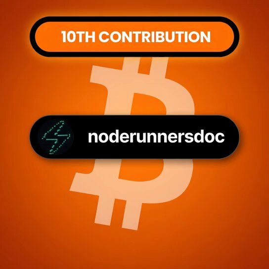 The image features a large orange background with an illustration of a Bitcoin symbol. Below this, there's text that reads "10th contribution". The text also includes a link to a website called "noderunnersdoc", which is likely related to Bitcoin or cryptocurrency.