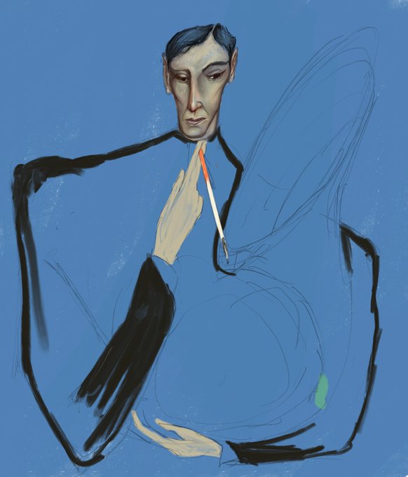 A digital painting/illustration of a melancholic-looking thin man with dark hair wearing a loose blue garment, holding his hands together in a prayer-like gesture against a solid blue background.