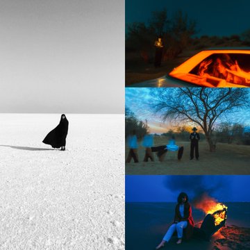A composite image with a lone figure in a black cloak standing on a white salt flat on the left, and three smaller photos on the right showing people gathered around outdoor fires and glowing pits at dusk.