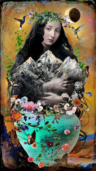 A serene digital collage depicts a young woman with a flower crown cradling a miniature mountain range emerging from a turquoise vase, framed by hummingbirds, butterflies, and a solar eclipse against a warm amber sky. The artwork visually echoes the post's poetic theme of carrying the moonlit peaks of the Alborz mountains as a cherished keepsake, blending earth, flora, and cosmos into a single memorial of home.