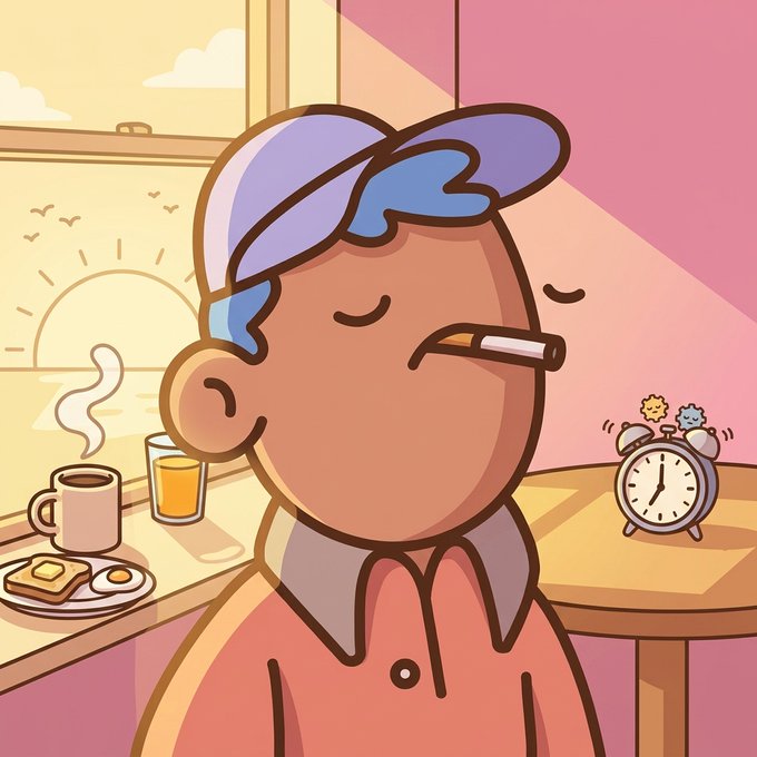 A cartoon illustration of a person with blue hair smoking a cigarette with their eyes closed, set against a sunrise background with an alarm clock and breakfast on a table.