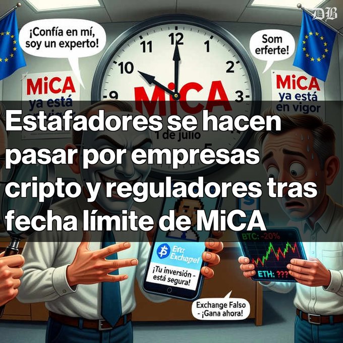 A cartoon illustration depicting crypto scammers pretending to be companies and regulators after the MiCA deadline, with Spanish text and speech bubbles.