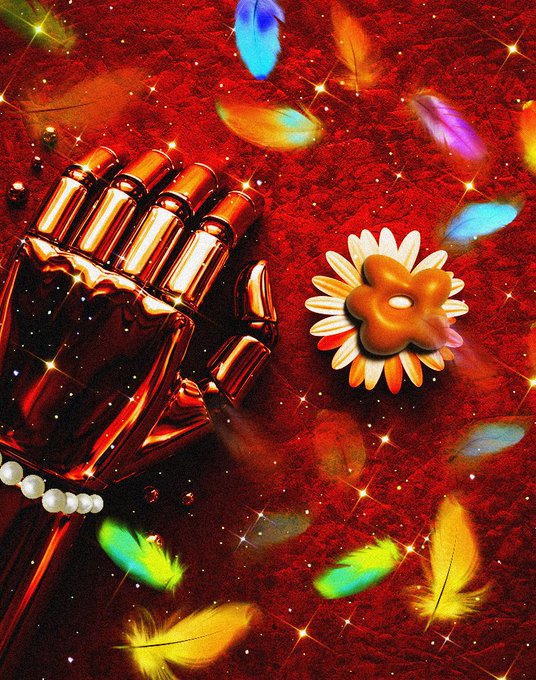 A surreal, vibrant digital artwork featuring a chrome robotic hand resting on a textured red surface beside a flower-shaped object, surrounded by colorful floating feathers and sparkles.