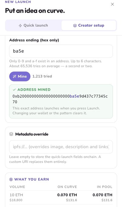 A mobile app screenshot titled 'NEW LAUNCH - Put an idea on curve' with a hex address field showing 'ba5e', indicating 1,213 tries to mine, with earnings of 0.070 ETH on curve and in pool for 10 ETH volume.