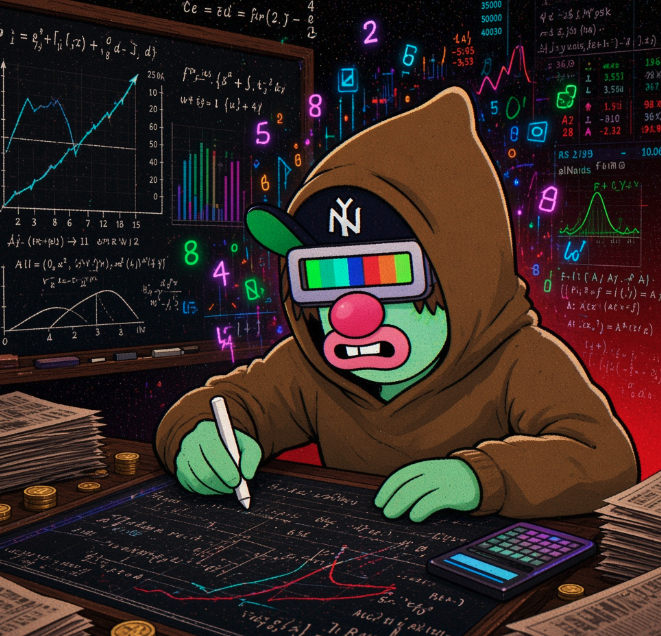 A green-faced cartoon character in a hoodie with "NY" branding wears futuristic VR glasses while writing calculations on a chalkboard covered in financial graphs and equations, with gold coins scattered around—visually representing the active, data-driven community engagement and growing investment momentum highlighted in the Hoodie Groupies post on RobinHood Chain.