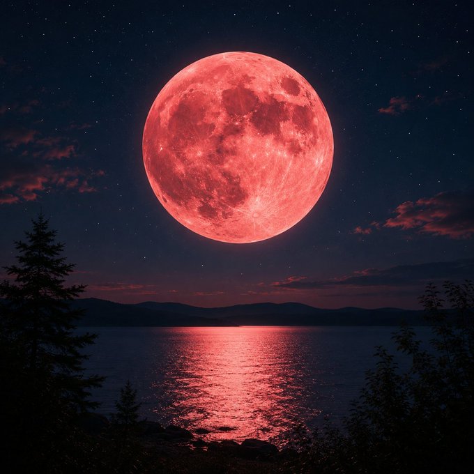 The image features a large, bright red full moon illuminating the night sky over a body of water. In the foreground, there are trees that add depth to the scene. The caption "The moon is loading." suggests that the viewer might be interested in the moon's position and its impact on the surrounding environment or perhaps even an advertisement for a product related to the moon or nighttime activities.

The image also includes stars scattered throughout the sky, which further enhances the beauty of the night scene. The combination of these elements creates a captivating atmosphere that invites viewers to appreciate the natural wonders of the universe and its connection with our planet.