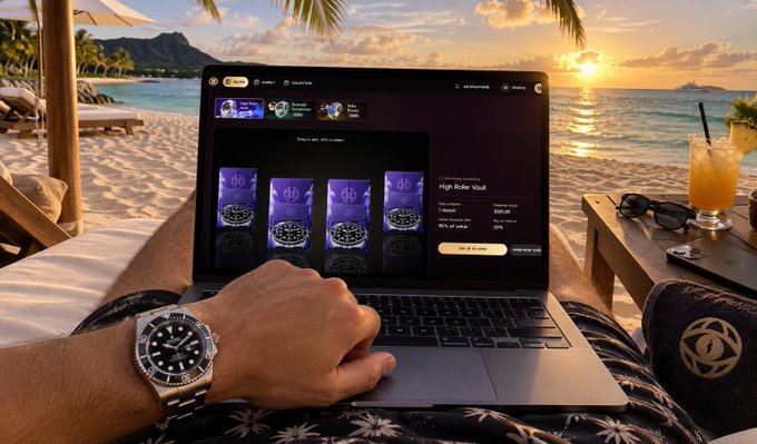 A person wearing a watch uses a laptop on a beach at sunset, with the screen displaying a website featuring purple watches under the 'High Roller Vault' section.