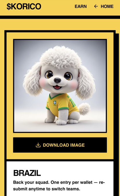 The image features a cartoon dog wearing a yellow shirt with green stripes sitting next to a banner that says "Back Your Squad". The text below the image reads "Korico on @BNBCHAIN is building a fun worldcup edition. Pick your team, scroll down and download your own PFP." This suggests that the image is promoting an event or game related to soccer, possibly a virtual tournament or a fun way for fans to engage with the sport. The post encourages viewers to participate in this activity by backing their favorite teams or creating their own custom soccer-themed game.