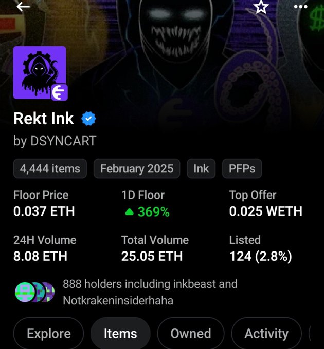 A digital collection page for 'Rekt Ink' by DSYNCART showing 4,444 items with a floor price of 0.037 ETH, 1D floor up 369%, and 888 holders.