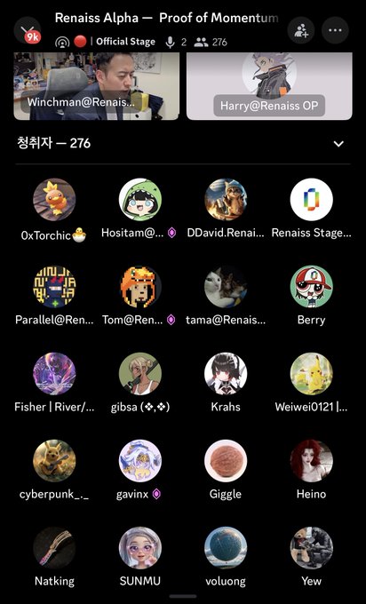 A Twitter/X Spaces event titled 'Renaiss Alpha — Proof of Momentum' Official Stage with 276 participants, showing speakers including Winchman and Harry, along with a grid of attendee avatars.