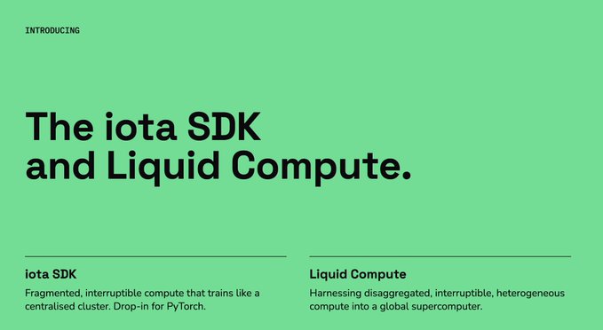 The promotional graphic announces "The iota SDK and Liquid Compute," with iota SDK described as "Fragmented, interruptible compute that trains like a centralised cluster. Drop-in for PyTorch" and Liquid Compute as "Harnessing disaggregated, interruptible, heterogeneous compute into a global supercomputer." This aligns with the post's narrative by showcasing technology that unites spare compute resources globally, mirroring Bittensor's strategy of building a decentralized AI training network through aggregated distributed compute.