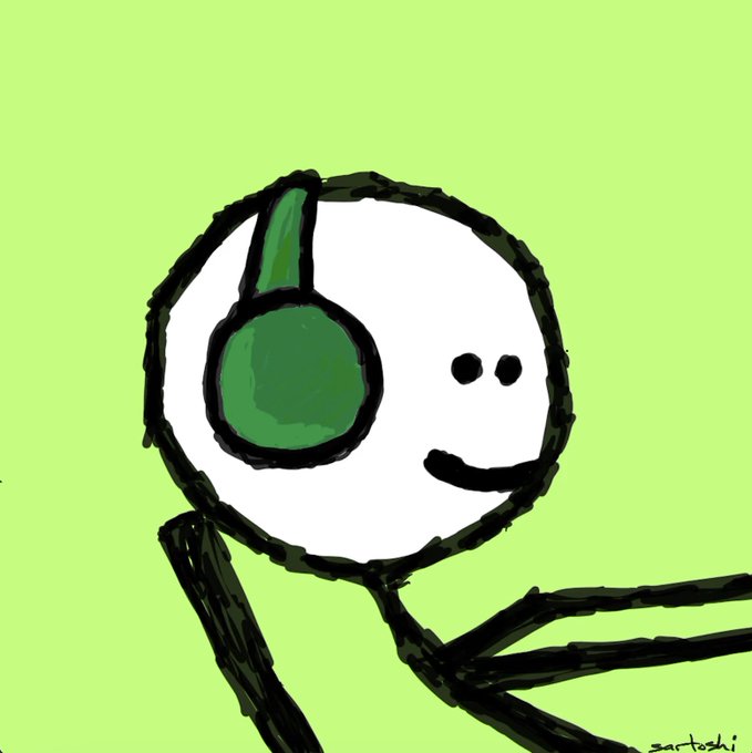 Hand-drawn doodle of a white circular character with green headphones, smiling face, and stick-like black limbs on a light green background, signed 'sartoshi' in the corner.