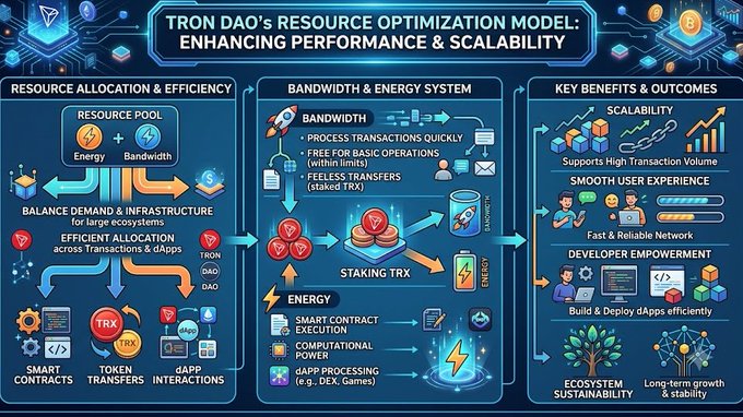 The image features a detailed graphic depicting a flow chart, illustrating how to optimize resource usage within a network ecosystem by using an optimization model called TRON DAO. The flow chart highlights the importance of resource allocation for maintaining performance, scalability, and user satisfaction in blockchain environments.