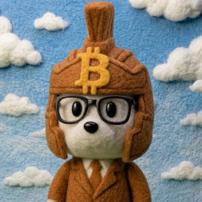 A felt-textured dog character wearing a brown suit, black glasses, and a helmet adorned with the Bitcoin "₿" logo stands against a blue sky with fluffy clouds. The image ties to the post by giving the "Pons dog" a Bitcoin-themed helmet, suggesting he's geared up and ready to ride the next crypto rally.