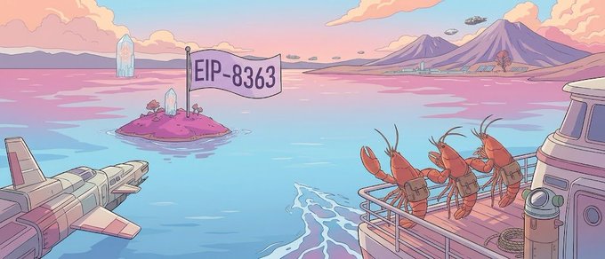 A whimsical pastel landscape features three lobsters waving from a boat, overlooking pink waters dotted with islands and a rocket, with a banner reading "EIP-8363." The surreal maritime scene visually represents the Ethereum Improvement Proposal while symbolizing the post's message about the inseparable, symbiotic relationship between ETH as an asset and Ethereum as a platform—much like the lobsters and their island "flippening" together.