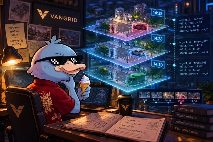 An animated duck wearing pixelated sunglasses and a red shirt eats ice cream while looking at floating holographic city scenes with timestamps like '14:32' and '14:10' and text referencing 'VANGRID' and 'SPATIAL AI'.