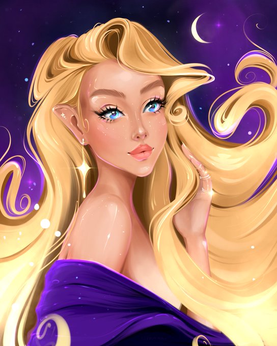 A digital illustration of an elf-like woman with long flowing blonde hair, blue eyes, and pointed ears wearing a purple off-shoulder garment against a starry purple night sky with a crescent moon.