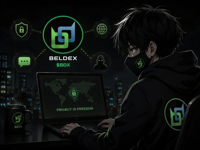 A masked figure in a hooded jacket and face covering works on a laptop displaying a world map and the phrase "PRIVACY IS FREEDOM," surrounded by Beldex ($BDX) icons representing security, private messaging, and global networking—visually reinforcing the post's theme of privacy as the foundational pillar of the Beldex ecosystem.