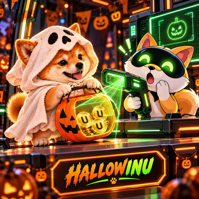 A vibrant, Halloween-style digital artwork featuring Shiba Inu dogs dressed as a ghost and a robot, with glowing 'UU' tokens and a 'HALLOWINU' sign, themed for the Dogecoin/UwU community.