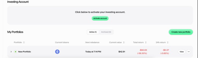 The image shows an investing account dashboard displaying a "New Portfolio" with a current value of $42.91, showing a total return of -$60.00 (-58.30%) and 24-hour return of -$0.37 (-0.85%), visually reflecting the poster's significant losses from their ETH investment.