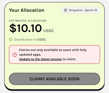 A mobile app screen showing 'Your Allocation' with an estimated allocation of $10.10 USDC and a message that claims are only available to users with fully updated apps, with a disabled 'Claims Available Soon' button.