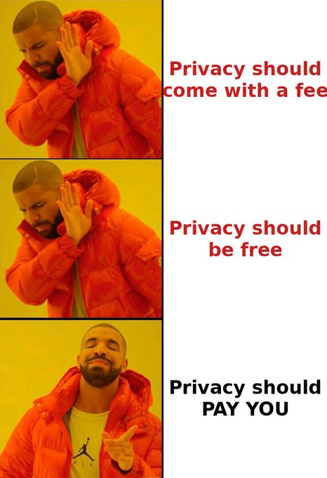The classic Drake meme format showing his preference progression: rejecting "Privacy should come with a fee" and "Privacy should be free," while approving "Privacy should PAY YOU."