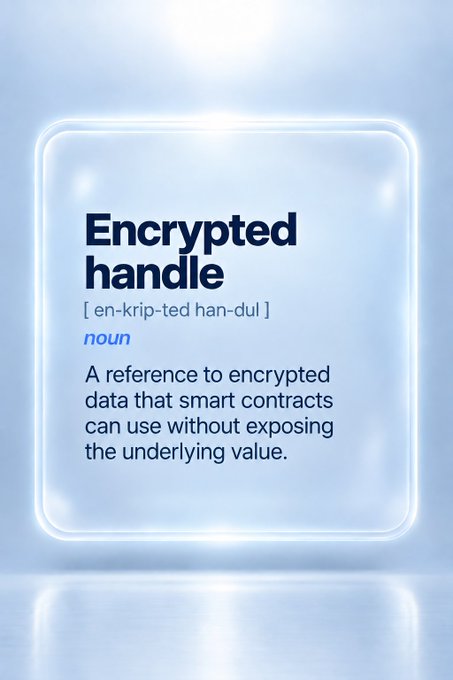 A dictionary-style definition card on a light blue background that reads: "Encrypted handle [en-krip-ted han-dul] noun: A reference to encrypted data that smart contracts can use without exposing the underlying value."