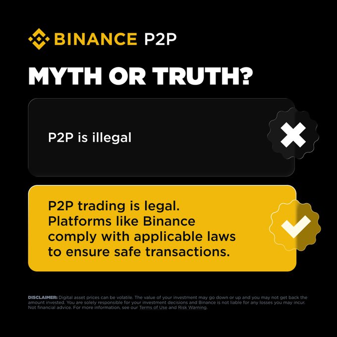 The image shows a black background with two yellow squares, one labeled "MYTH OR TRUTH?" and the other labeled "P2P trading is illegal. Platforms like Binance are not allowed." The text provides information about the legality of P2P trading on platforms like Binance.