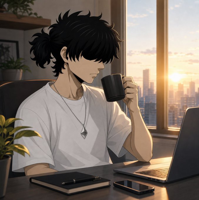 An anime-style illustration of a young man with messy black hair wearing a white t-shirt and pendant necklace, sitting at a desk and drinking from a black mug while looking at a laptop, with a city sunset visible through the window behind him.