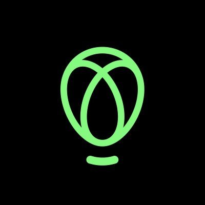 A green logo featuring a stylized lightbulb or sprout design within a circle on a black background.