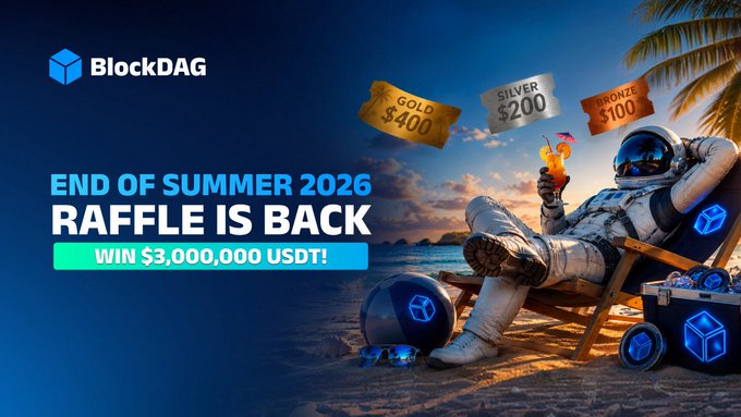 A promotional graphic for the "End of Summer 2026 Raffle" featuring BlockDAG's logo, an astronaut lounging on a beach chair with a tropical sunset backdrop, and ticket tiers displayed as Gold ($400), Silver ($200), and Bronze ($100) cards. The image directly supports the accompanying post about the $3,000,000 USDT raffle event, visually highlighting the prize tiers and encouraging viewers to buy BDAG at $0.0000017 for a chance to win.