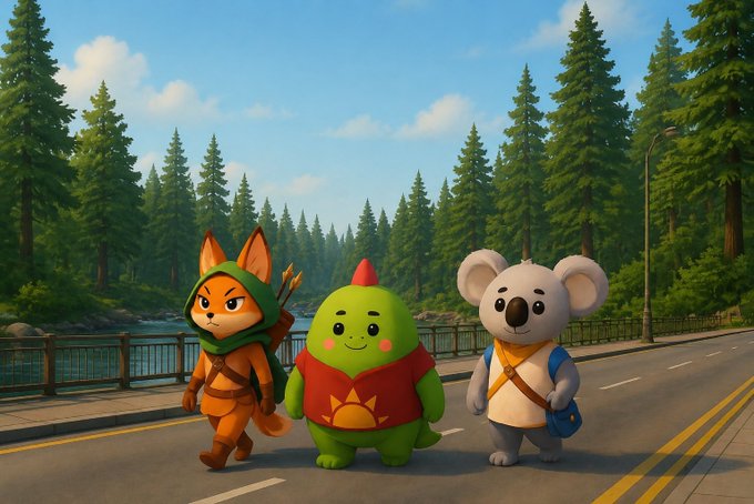 A 3D-rendered image showing three cartoon characters—a fox in green, a green dinosaur-like creature in red, and a koala in blue—walking together on a paved road lined with pine trees.