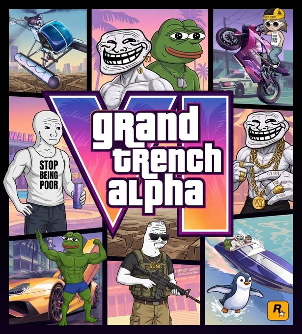 A collage-style parody cover for "Grand Trench Alpha VI" features various meme characters—including Pepe the Frog, Wojak, Trollface, and a penguin—engaged in activities like stunt driving, flexing by a sports car, and riding jet skis, all surrounding the stylized "Grand Trench Alpha" logo. This visually ties into the post's pitch of "$GTA" as a meme token on Solana, blending the GTA VI hype with crypto "trenches" culture and internet humor.